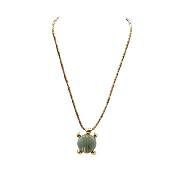 Trifari Vintage Gold Tone Turtle Pendant Necklace Jade Green Lucite - Picture 1 of 6